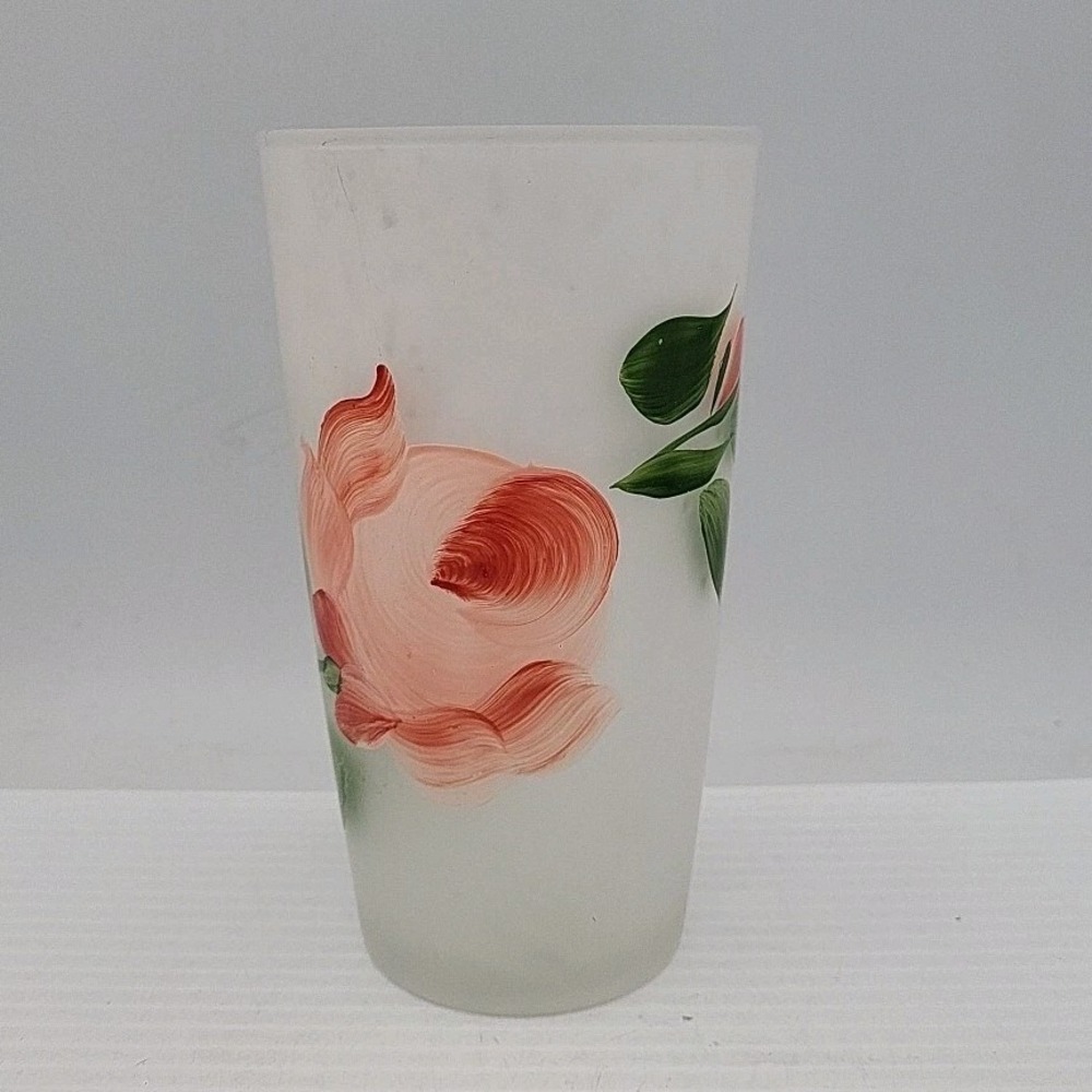 Vtg Frosted Drinking Glass Handpainted Pink Flowers‎ Hazel Atlas